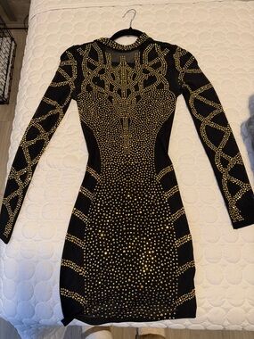 Black & Gold Studded Long-Sleeve Bodycon Dress